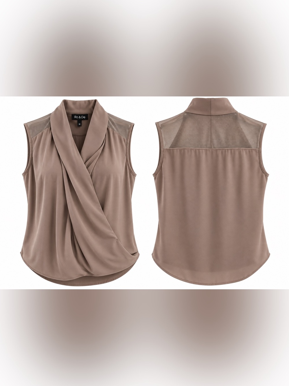 NWT Ro & De Sleeveless Draped Wrap Front Blouse – Taupe/Copper, Size M